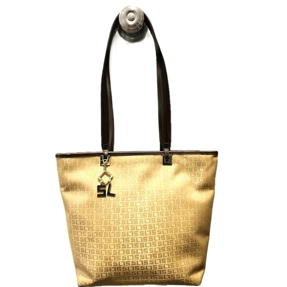 👜✨ SUSAN LUCCI Vintage 90s Gold & Brown Vegan Leather Polyester‎ Tote Bag - Picture 1 of 6